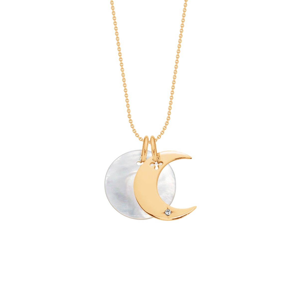 Colier clasic, cu un pandantiv Lune și un medalion din sidef, placat cu aur, gravabil, Lilou