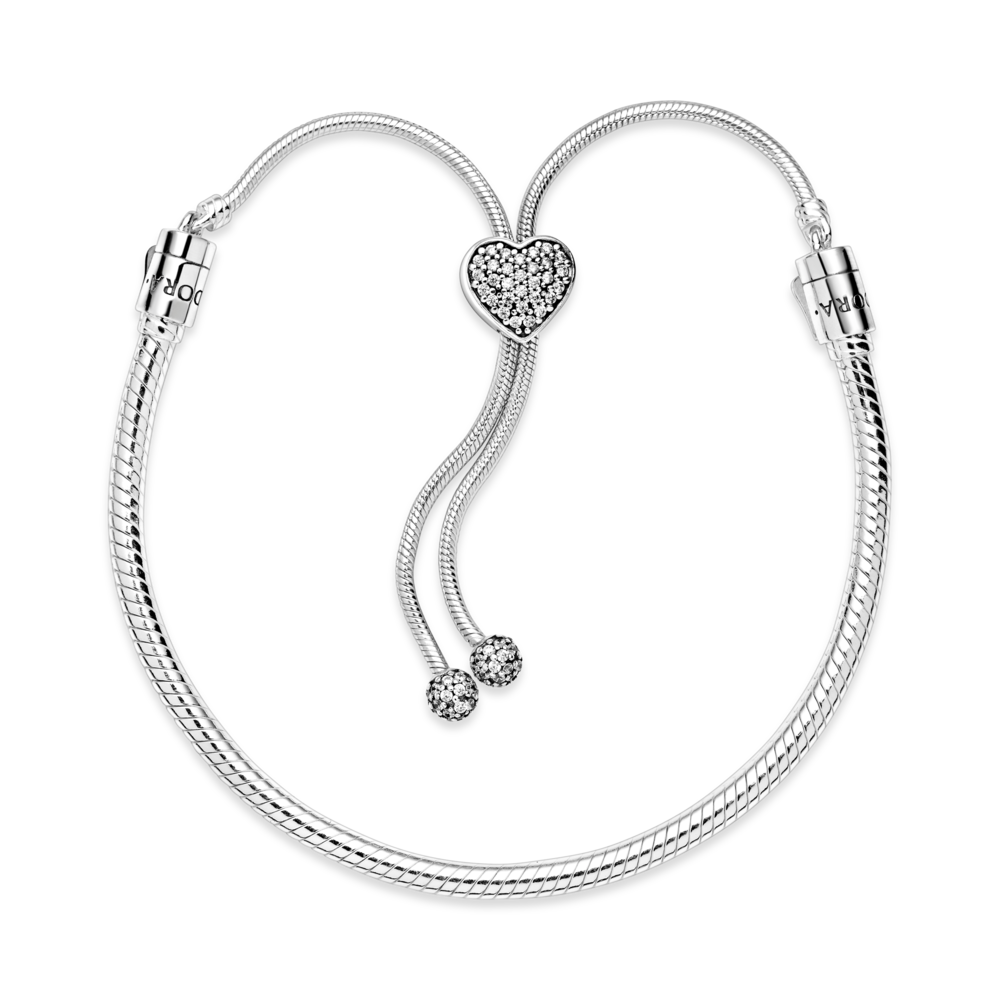 Brățară glisantă tip lanț clasic cu sistem de prindere în formă de inimă, cu țintuire tip pavé Pandora Moments